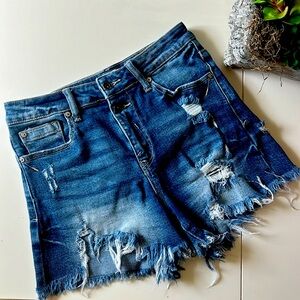 Special A double button high rise distressed denim shorts